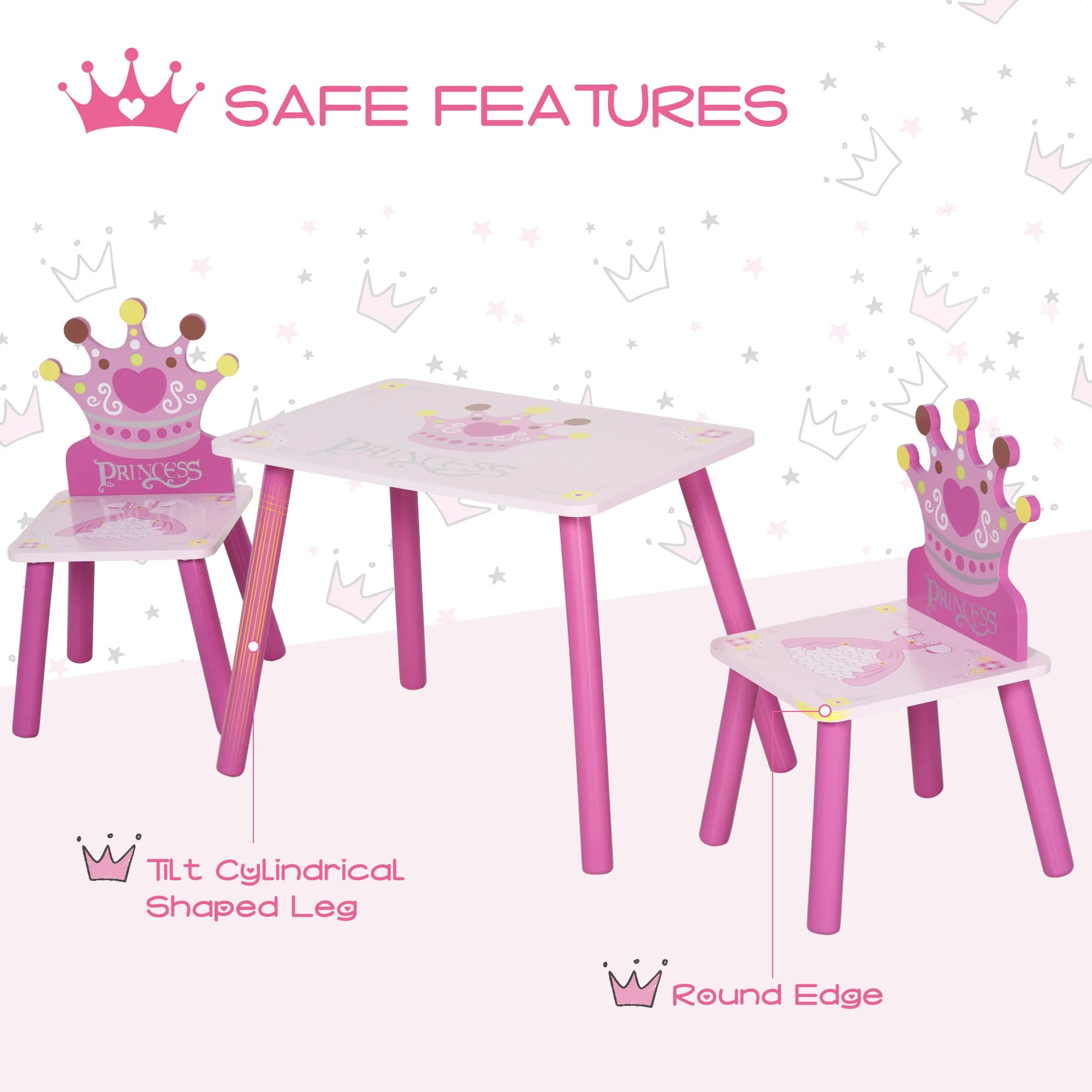 Triple Piece Collection Children's Wood Table Seat with Crown Pattern - silverfoxgoods